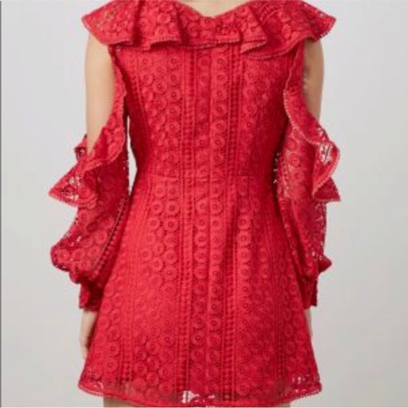 French Connection Lace Red Balloon Sleeve V-Neck Dress - Picture 2 of 13